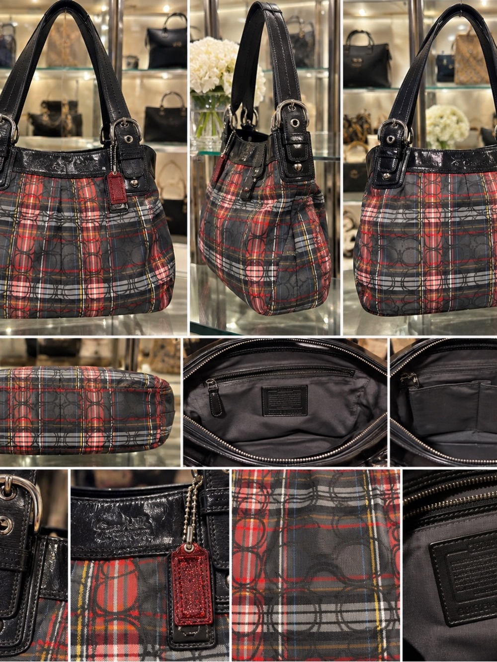 Coach Poppy Tartan Plaid Signature Shoulder Bag – Black/Red